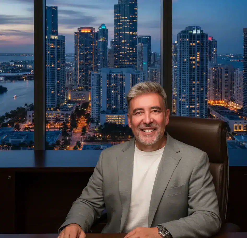 Luis Agramunt en su despacho de Miami, con el skyline de Brickell al fondo. Dirige personalmente la preparación de la entrevista.